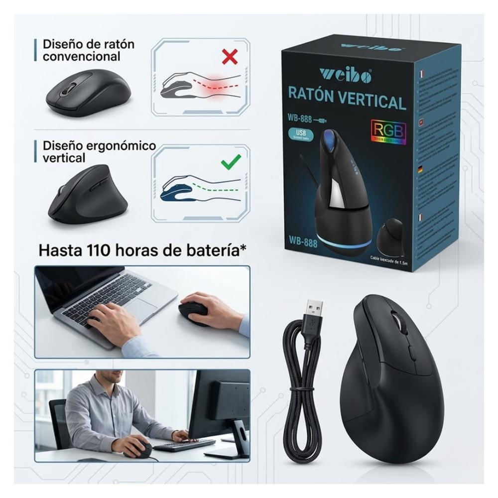 Mouse Ergonomico Vertical Weibo Wb 888 Alambrico Rgb img #4