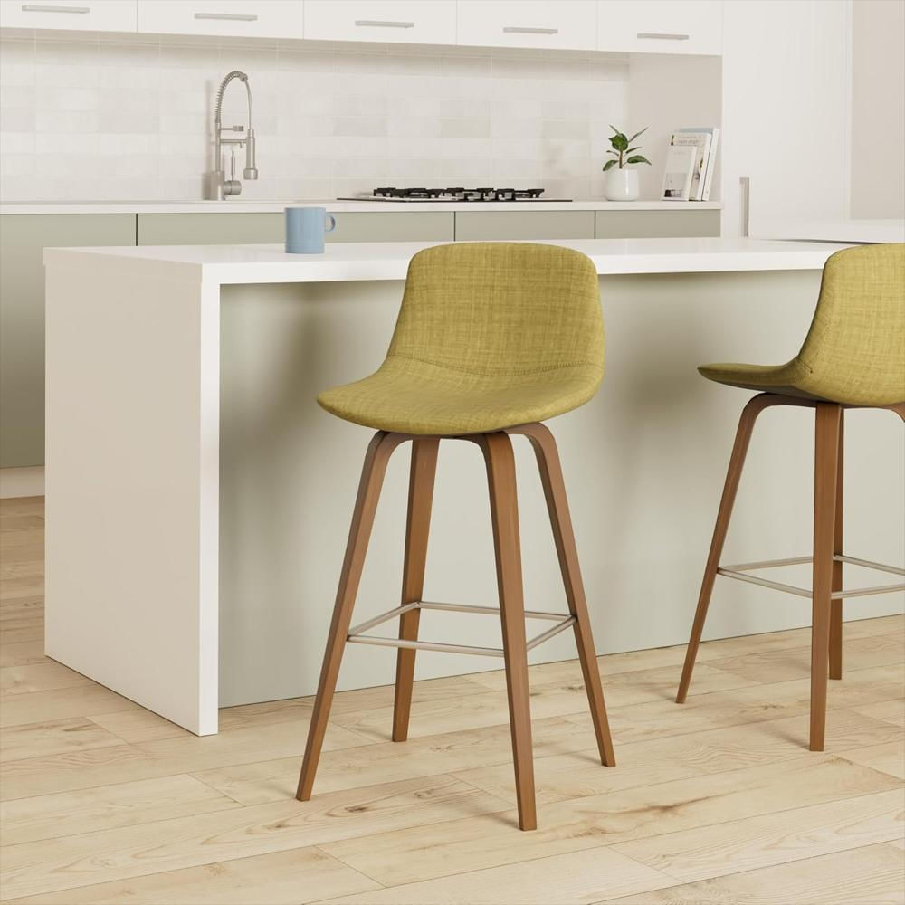 Taburete De Bar Simplihome Tapizado Algodón Verde Ácido 71 Cm Con Reposapiés De Madera Curvada img #2