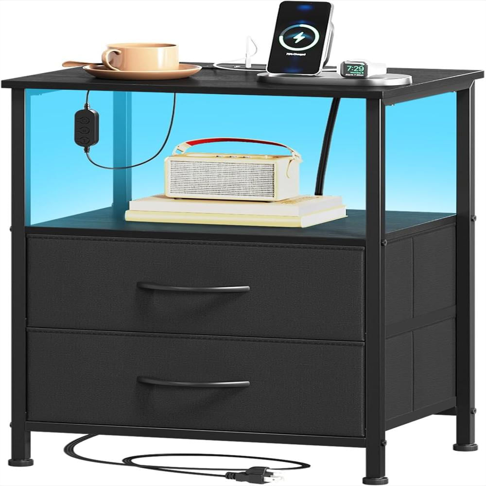 Mesita De Noche Somdot Negra Con Carga Usb Luz Led 2 Cajones img #1