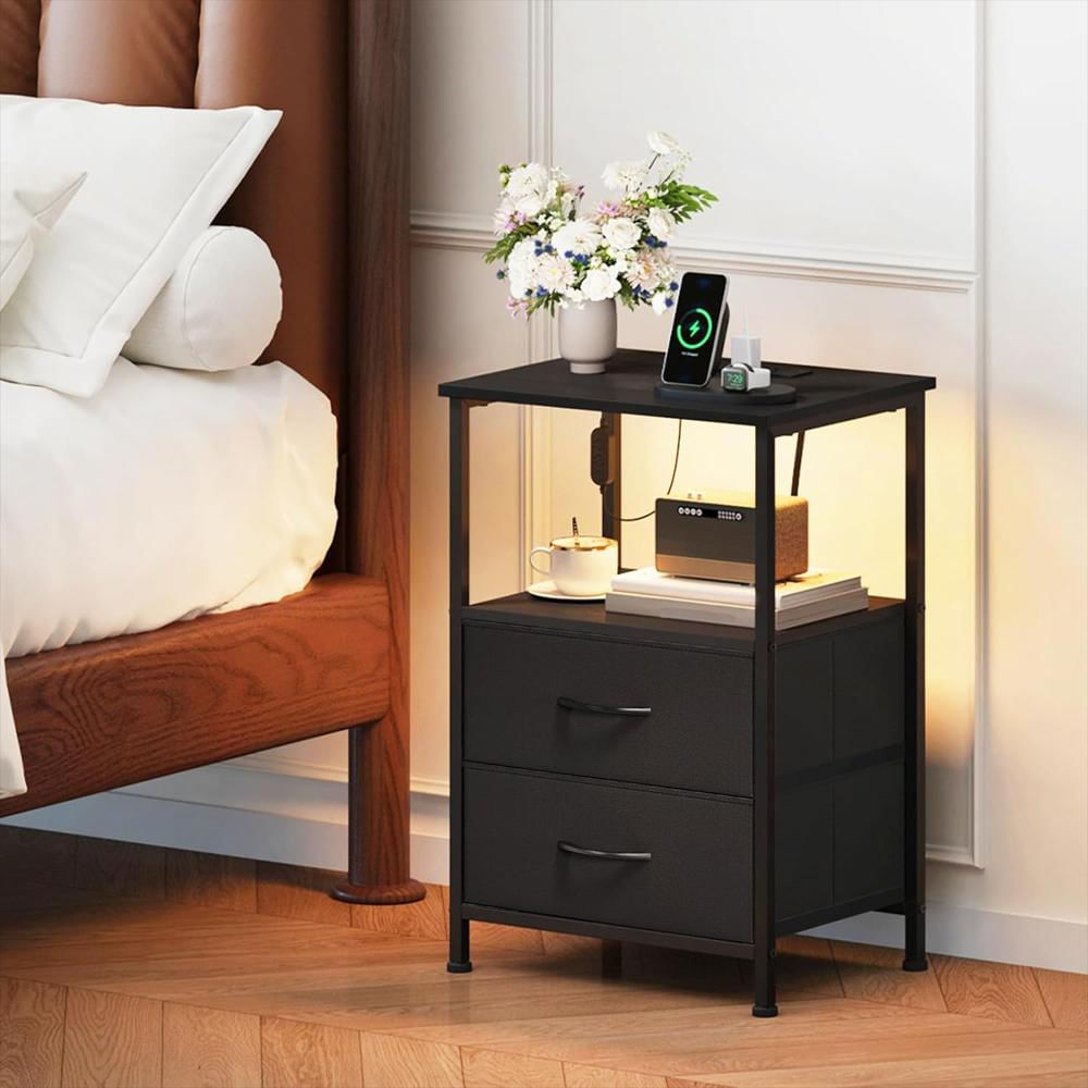Mesita De Noche Somdot Negra Con Carga Usb Luz Led 2 Cajones img #2