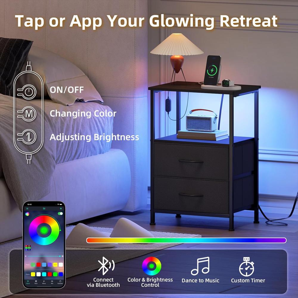Mesita De Noche Somdot Negra Con Carga Usb Luz Led 2 Cajones img #4