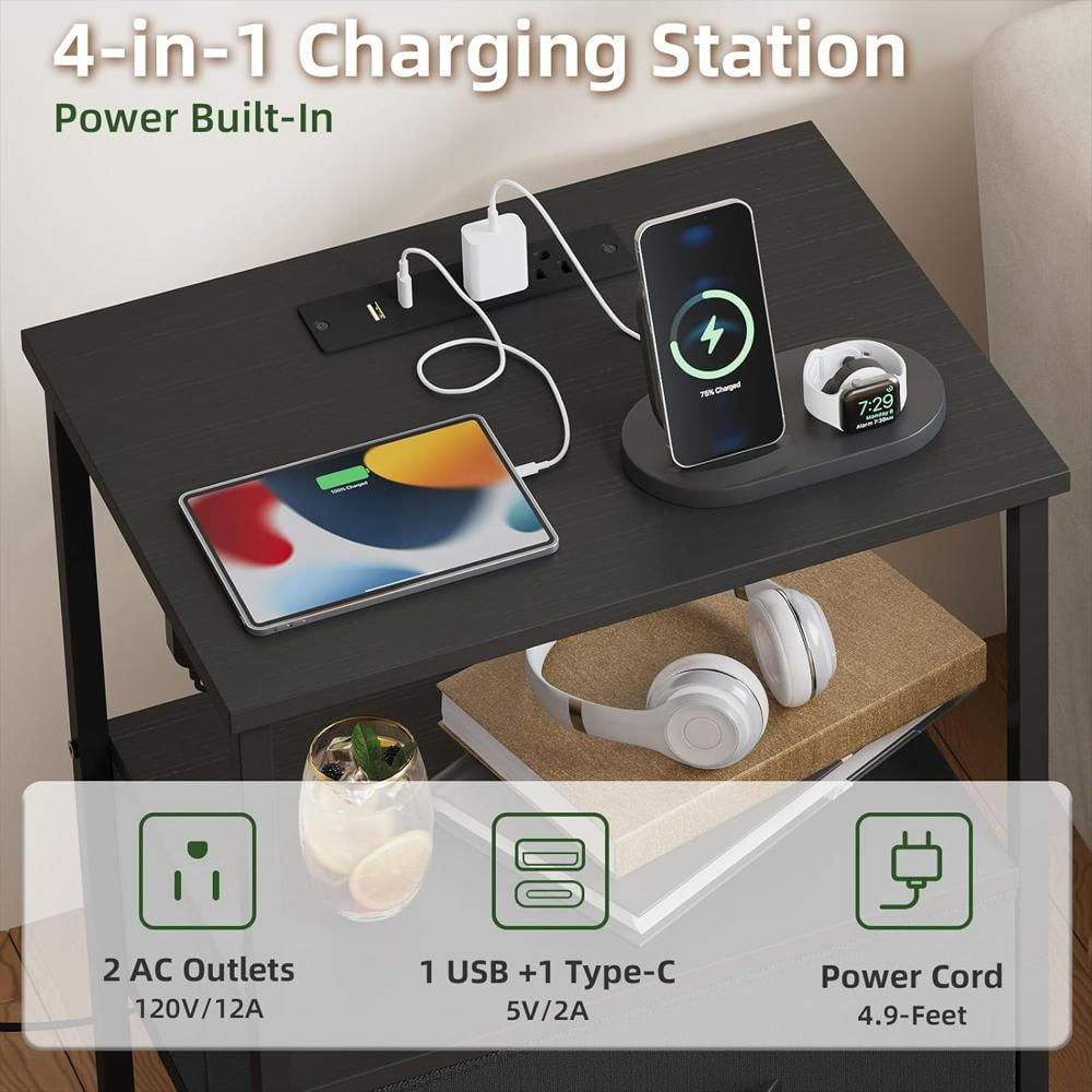 Mesita De Noche Somdot Negra Con Carga Usb Luz Led 2 Cajones img #5