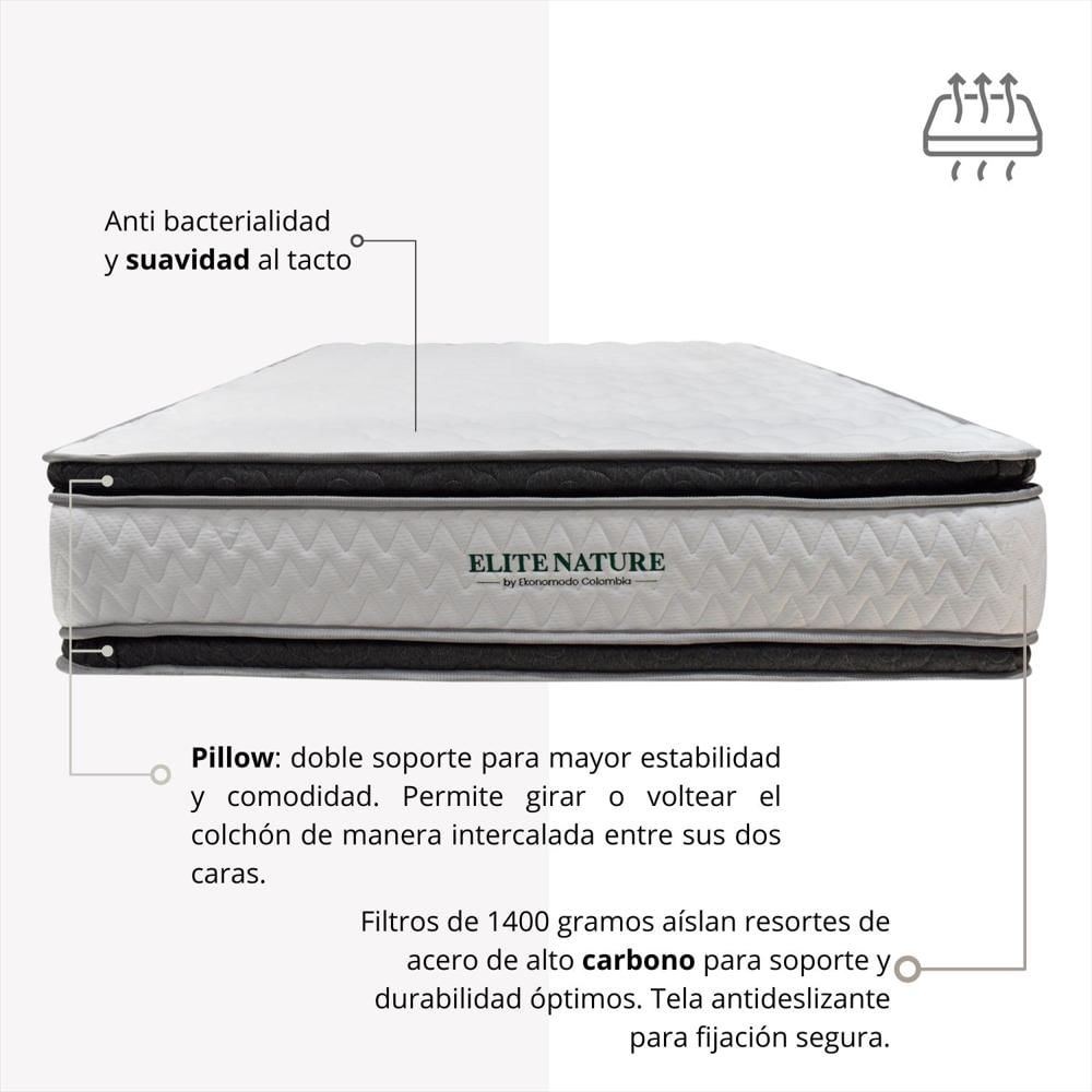 Combo Colchon Semiortopedico King Elite Nature Con Dos Pillow + Base Cama Gris 200 X 200 img #3