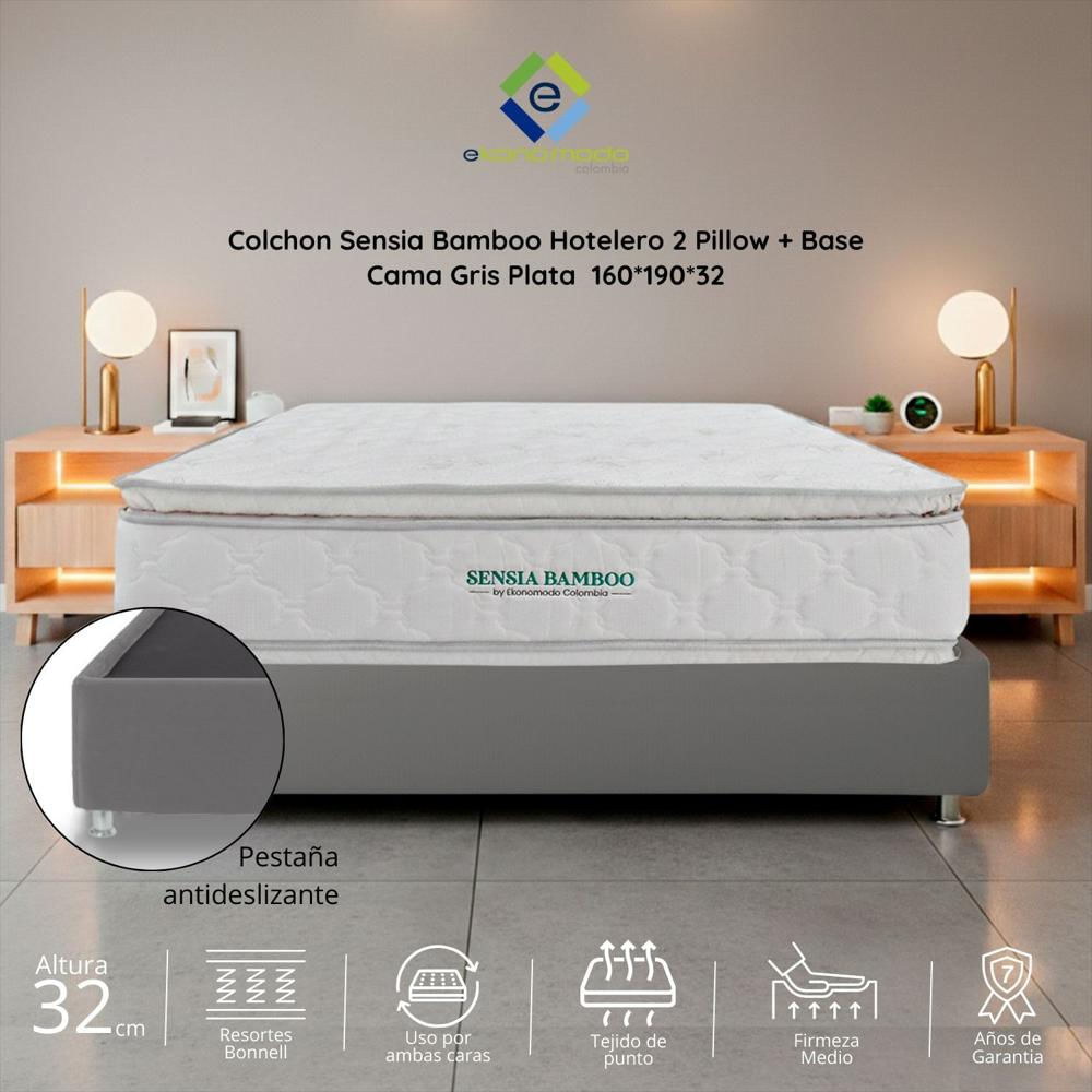 Combo Colchon Premium Queen Sensia Bamboo Con Dos Pillow + Base Cama Gris 160 X 190 img #1
