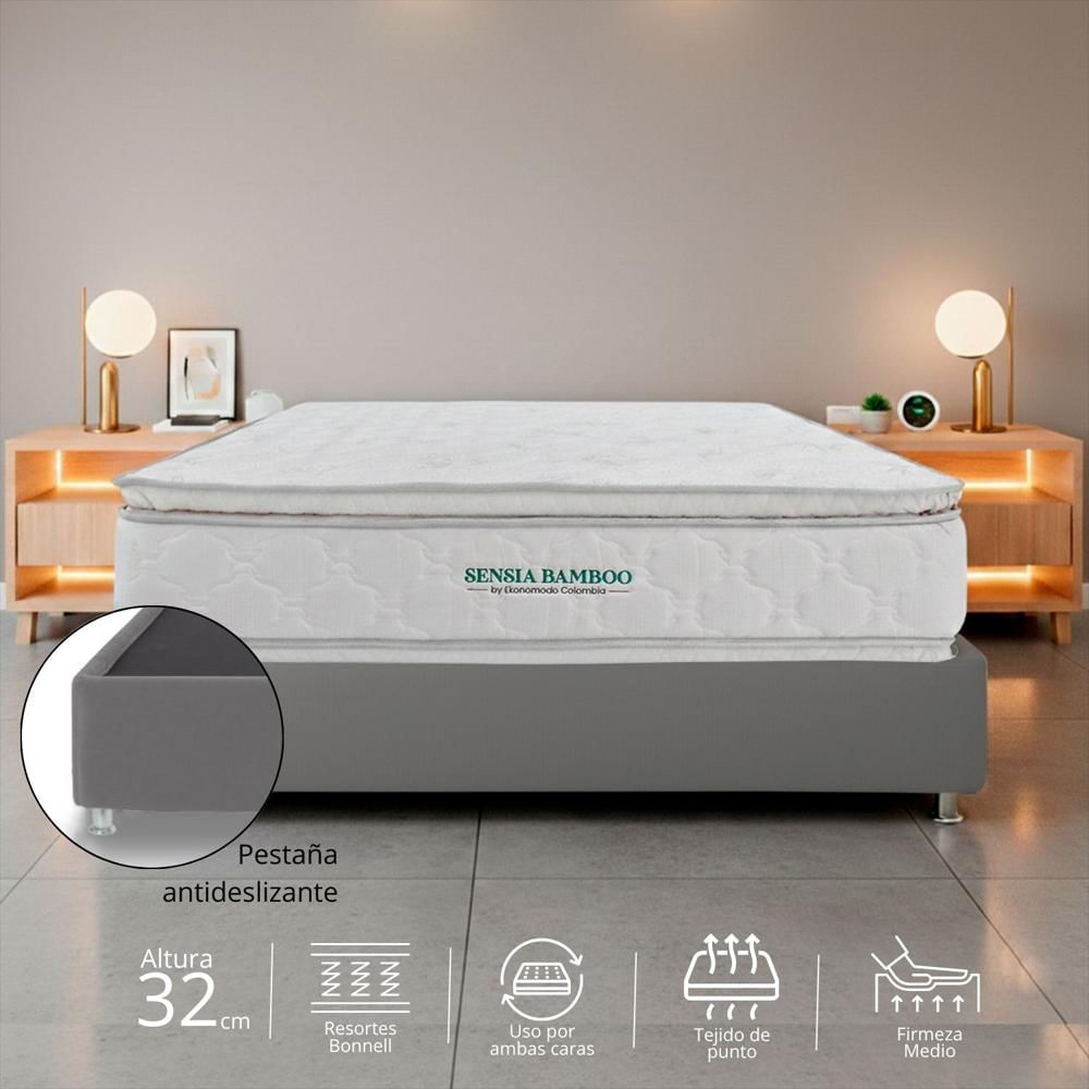 Combo Colchon Premium King Sensia Bamboo Con Dos Pillow + Base Cama Gris 200 X 200 img #1