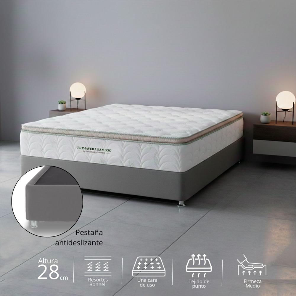 Combo Colchon Semiortopedico King Primavera Bamboo Con Un Pillow + Base Cama Gris 200 X 200 img #1