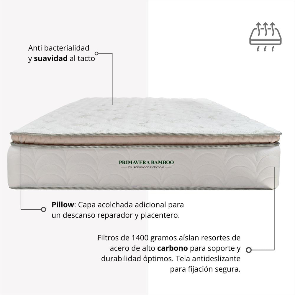 Combo Colchon Semiortopedico Doble Primavera Bamboo Con Un Pillow + Base Cama Gris 140 X 190 img #3