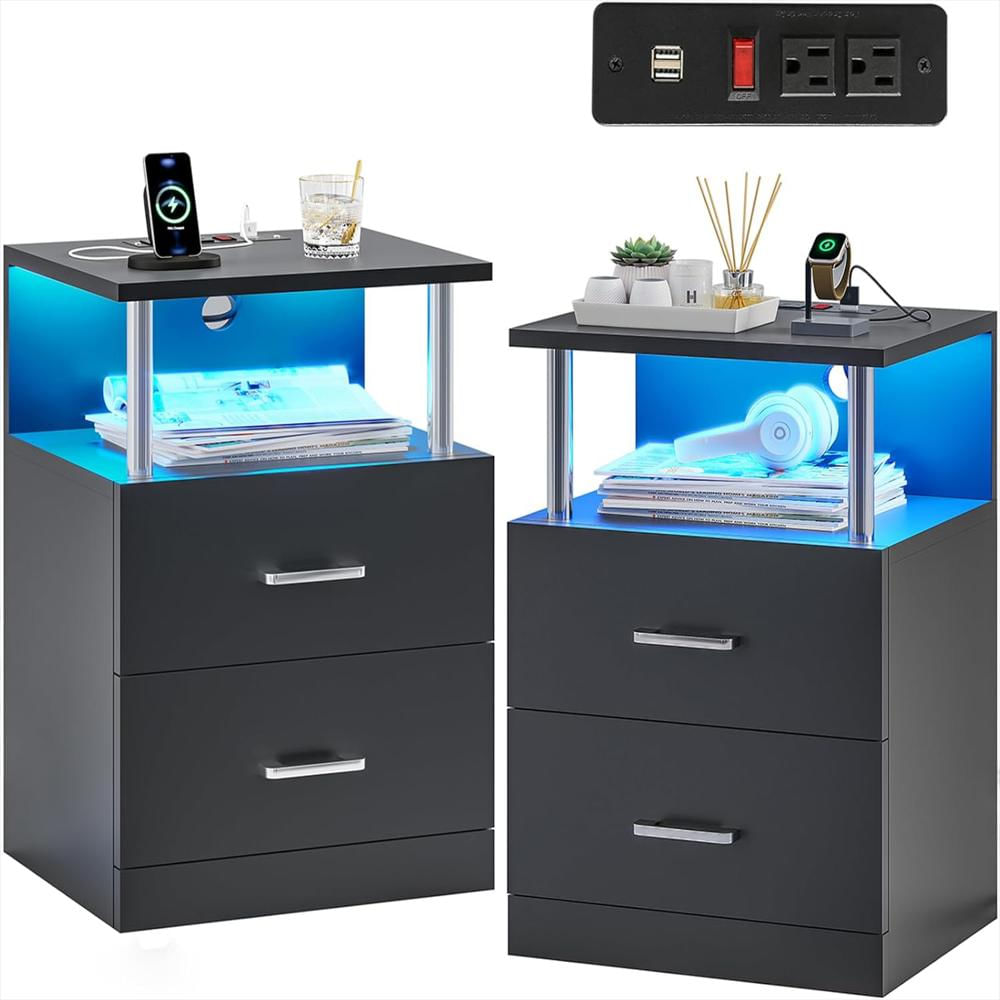 Mesa De Noche Viagdo Con Carga Usb Luces Led Rgb 2 Cajones Estilo Moderno img #1