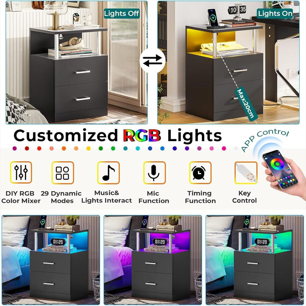 Mesa De Noche Viagdo Con Carga Usb Luces Led Rgb 2 Cajones Estilo Moderno img #5