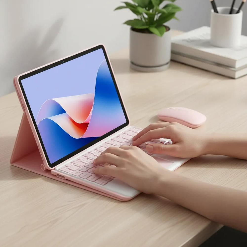 Estuche Teclado Trackpad Para Xiaomi Redmi Pad 2 Rosa +Mouse+Paperlike img #4