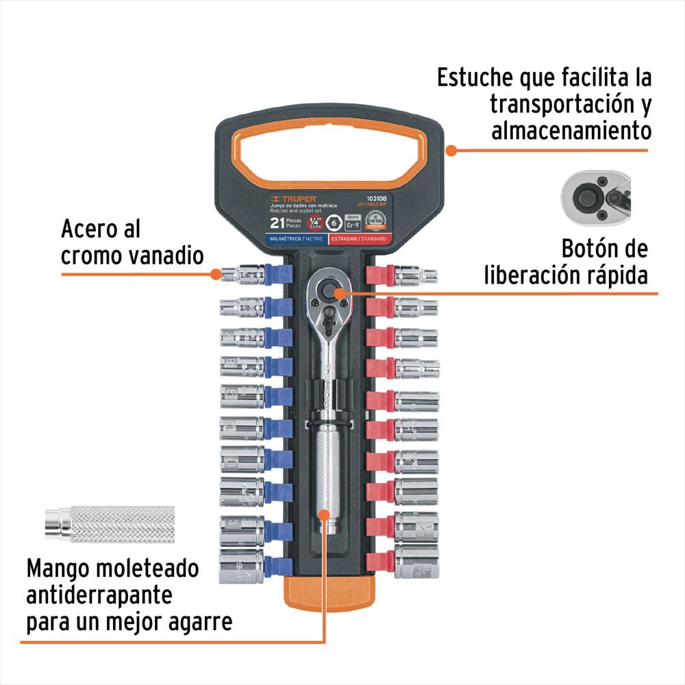 Juego 21 Copas Dado Milimétrico Estándar Ratchet 1/4'' Truper img #2