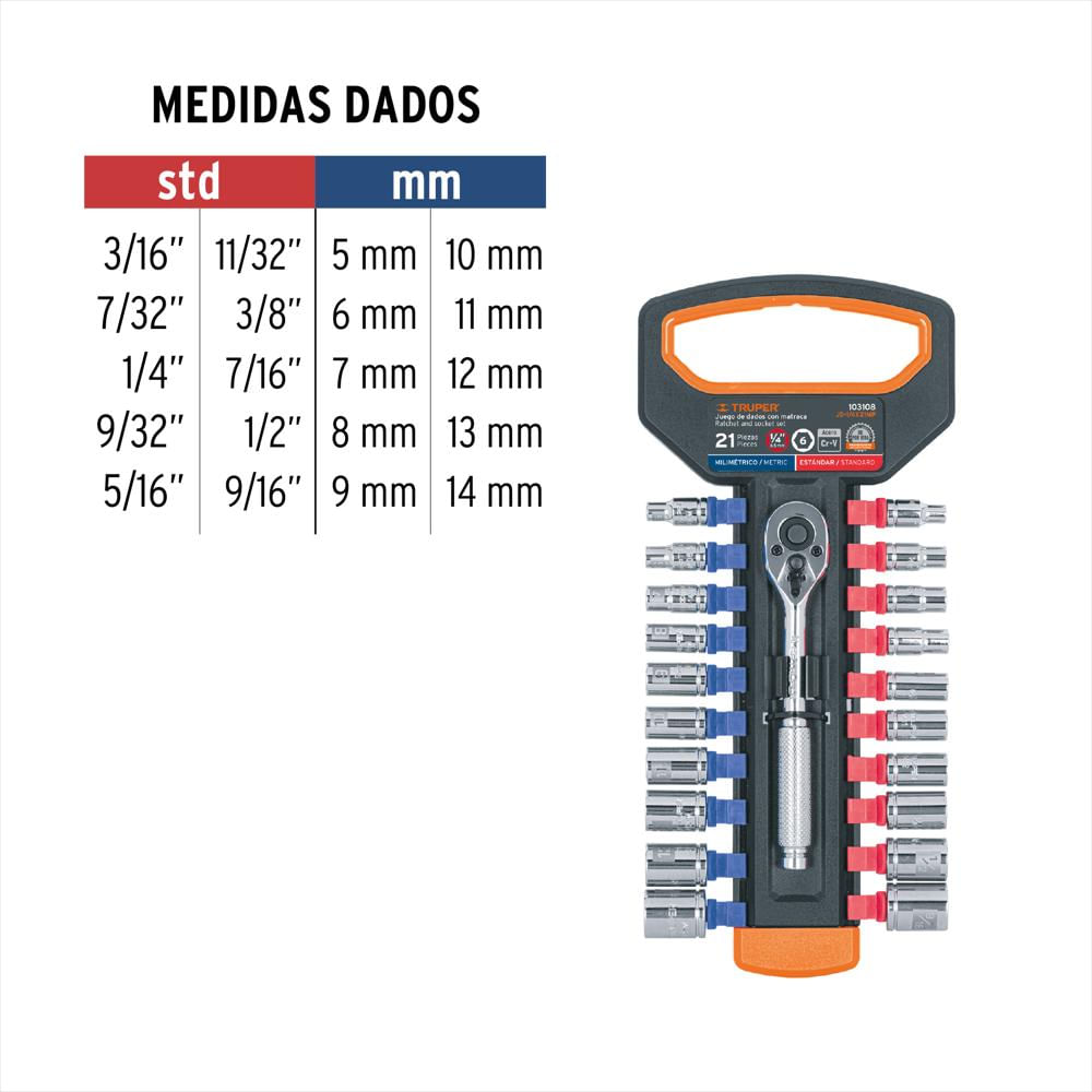 Juego 21 Copas Dado Milimétrico Estándar Ratchet 1/4'' Truper img #3