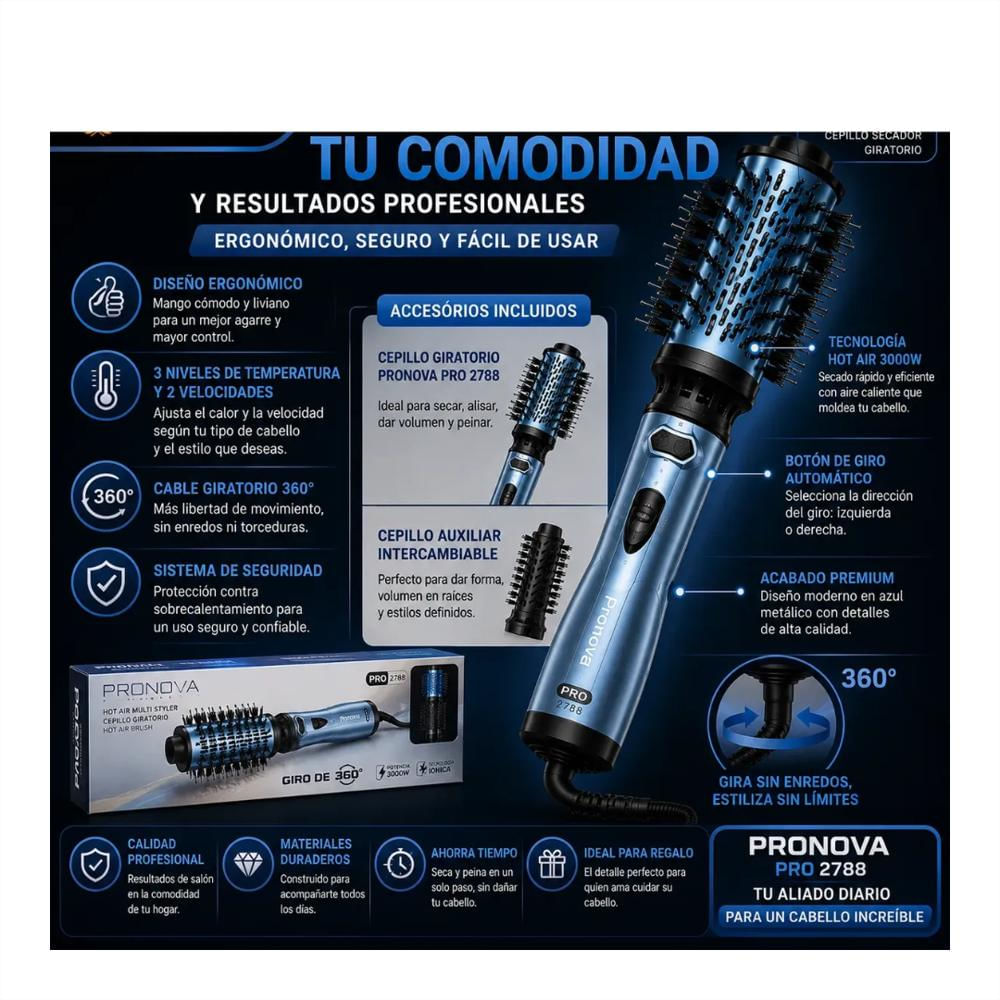 Cepillo Eléctrico Giratorio 360° Cabello 3000W 2 En 1 Liso img #4