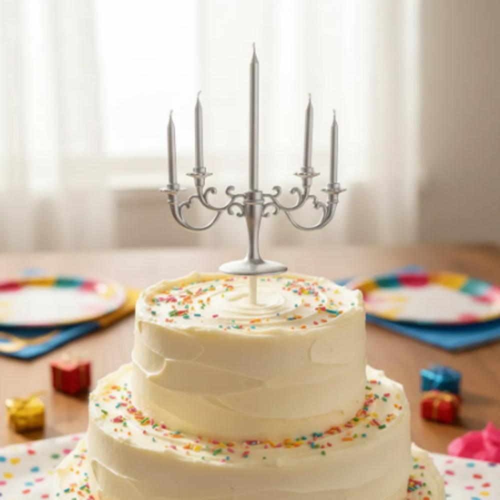 Vela Tipo Candelabro Plateado Para Torta Cumpleaños 5 Velas img #4