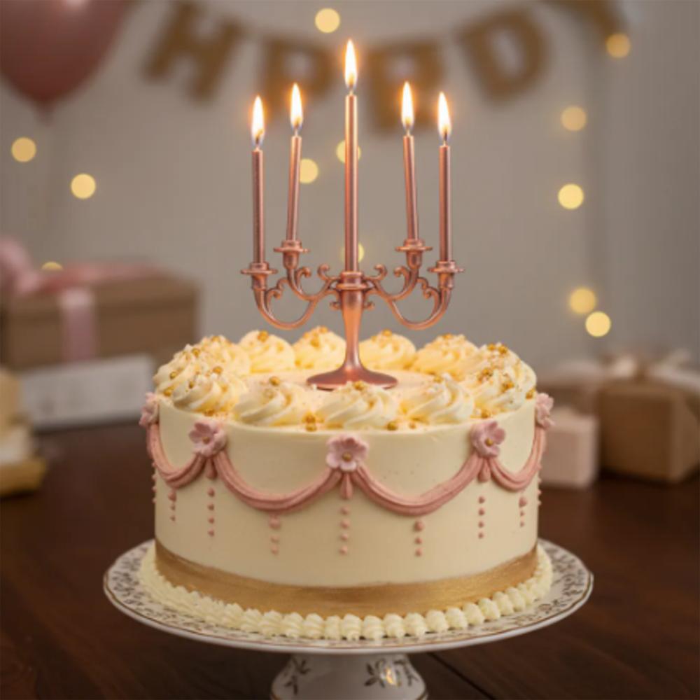 Vela Tipo Candelabro Oro Rosa Para Torta Cumpleaños 5 Velas img #3