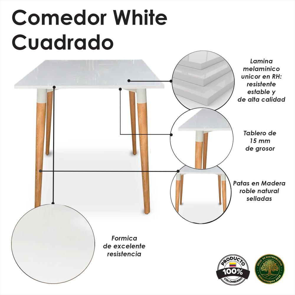 Juego De Comedor White Cuadrada Con 4 Sillas Eames Blancas img #3