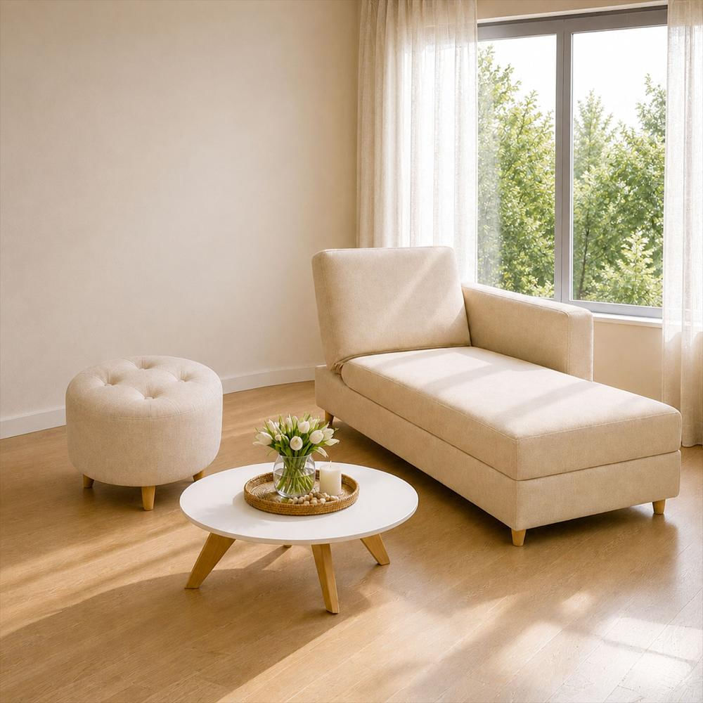 Sala Sofa Cama Baúl 45X143x60 + Puff + Mesa De Centro N Beige/Blanca img #1