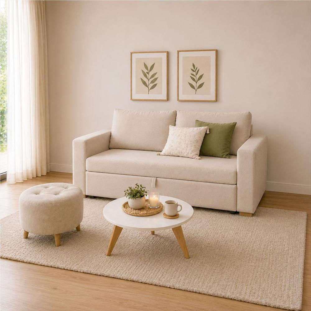 Sala Sofá Cama 92X 174X93cm + Puff + Mesa De Centro N Beige img #1