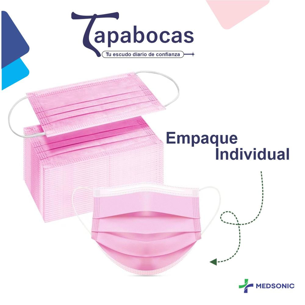 Tapabocas Desechable Rosado 3 Capas Alta Protección Pack X50 img #2