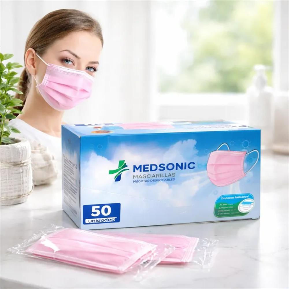 Tapabocas Desechable Rosado 3 Capas Alta Protección Pack X50 img #3