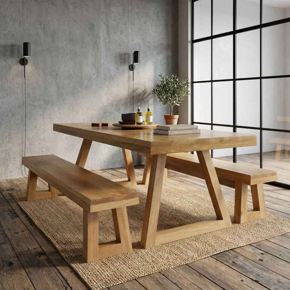 Juego De Comedor Abrum + 2 Bancos Roble Macizo img #2