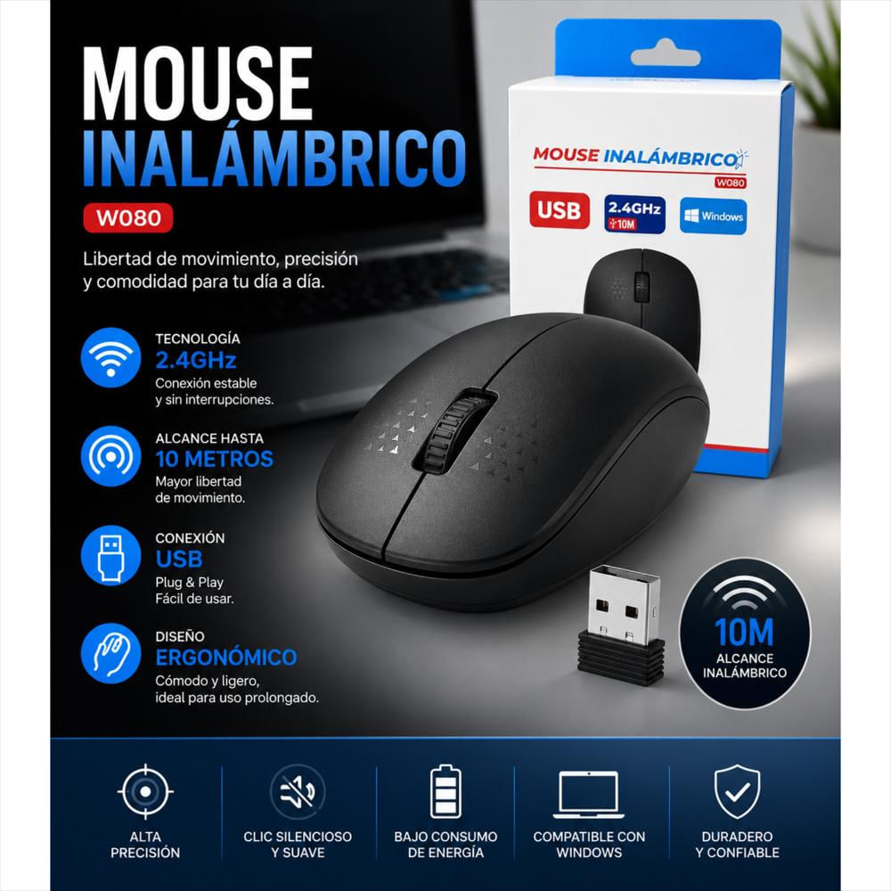 Mouse Inalámbrico W080 Unitec Usb 2.4Ghz 10 Metros Negro img #5