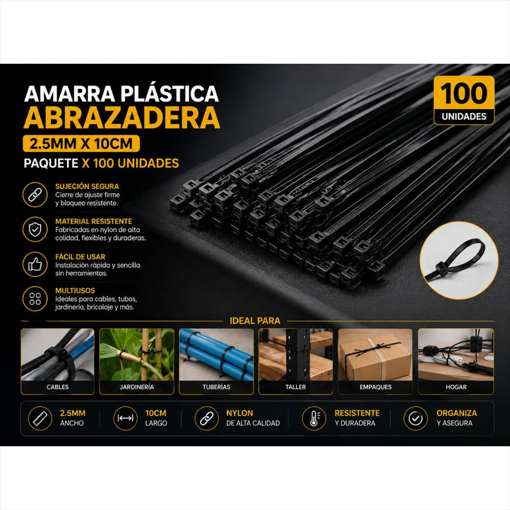Amarra Plastica Abrazadera 2.5Mm X 10Cm Largo Paquete X 100 img #3