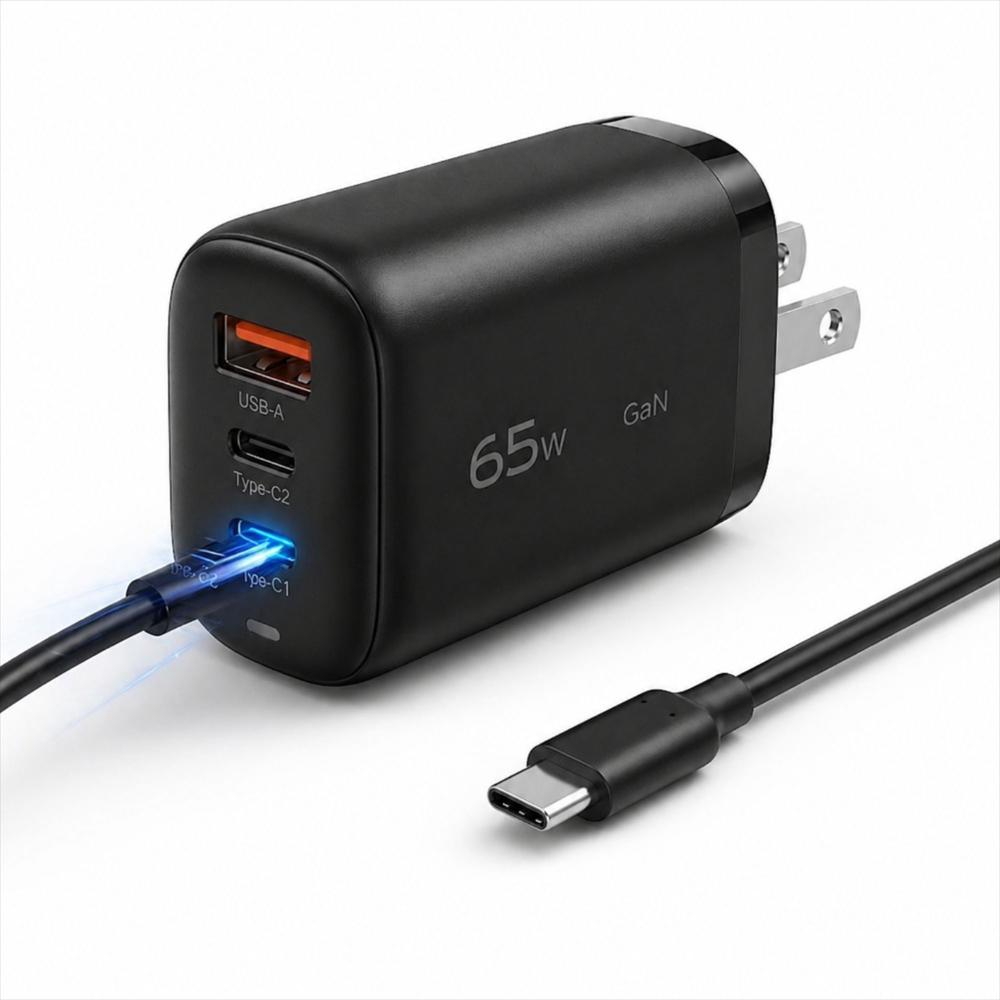 Cargador De Pared Carga Rapida Gan 65W 3 Puertos / 2 Usb C / Usb A + Cable Carga Usb C/C De 1 Mt. img #1