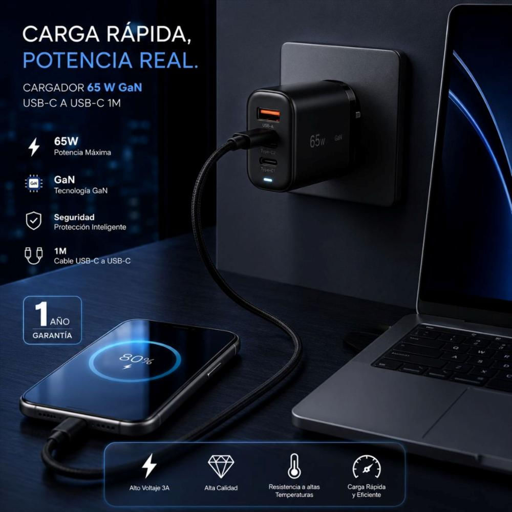 Cargador De Pared Carga Rapida Gan 65W 3 Puertos / 2 Usb C / Usb A + Cable Carga Usb C/C De 1 Mt. img #3