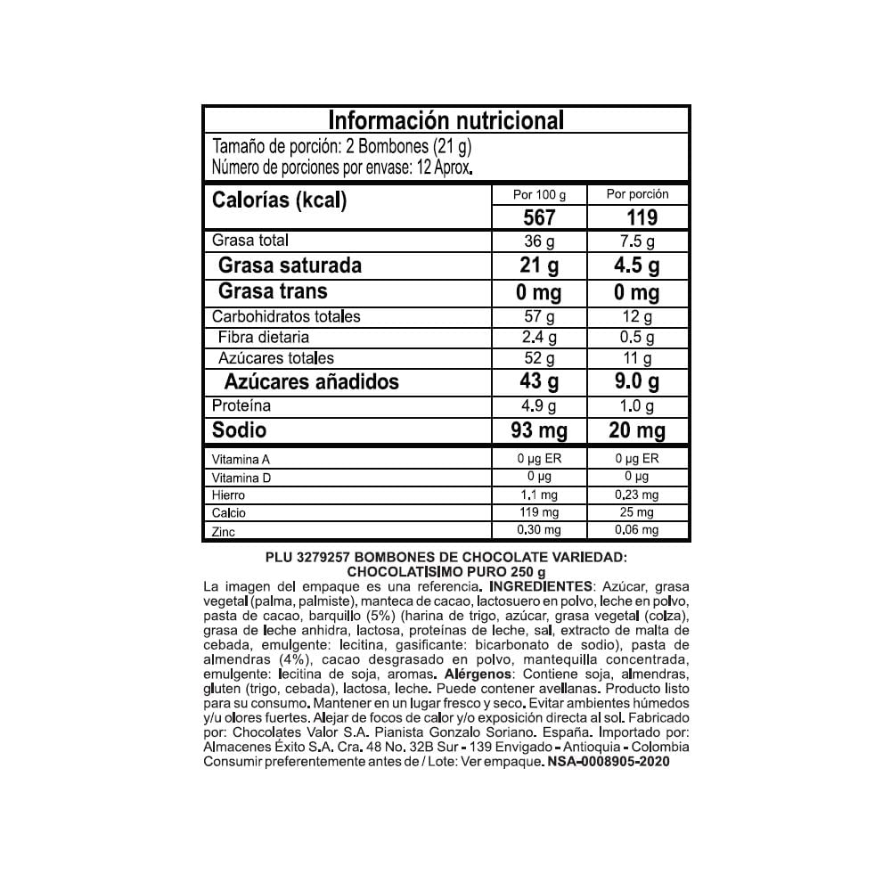 Bombones de chocolate VALOR MARCA EXCLUSIVA cubierto de almendra (250  gr) img #2