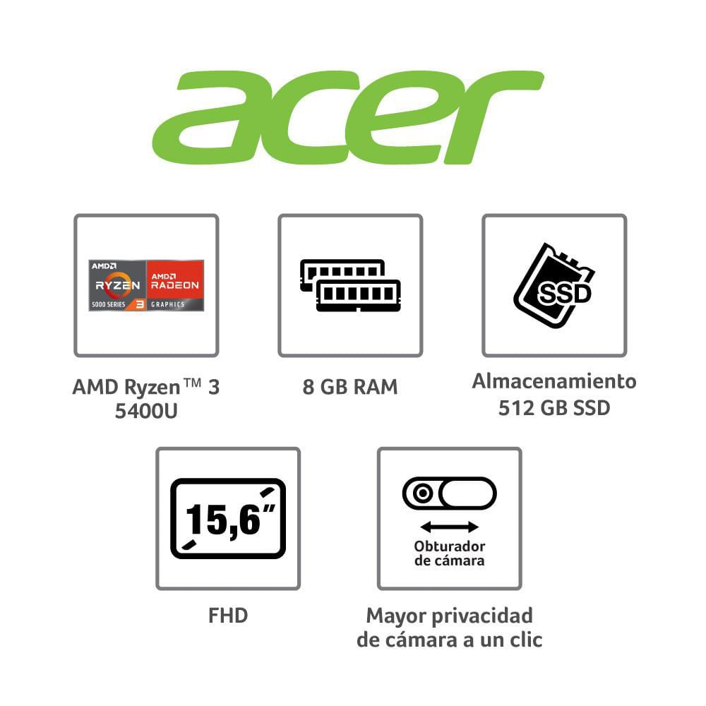 COMPUTADOR PORTATIL ACER ASPIRE LITE AMD Ryzen 3 5400 U RAM 8 GB 512 GB SSD AL1546PR251 img #8