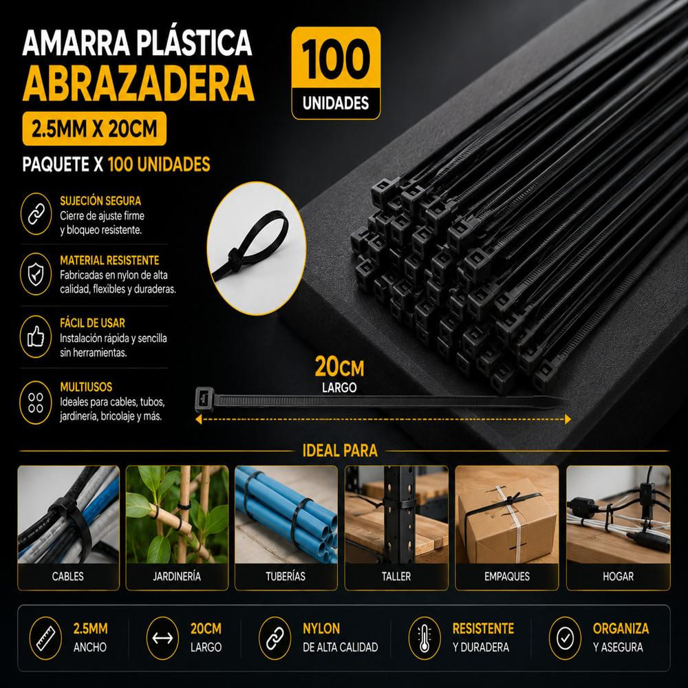 Amarra Plastica Abrazadera 2.5Mm X 20Cm Largo Paquete X 100 img #3