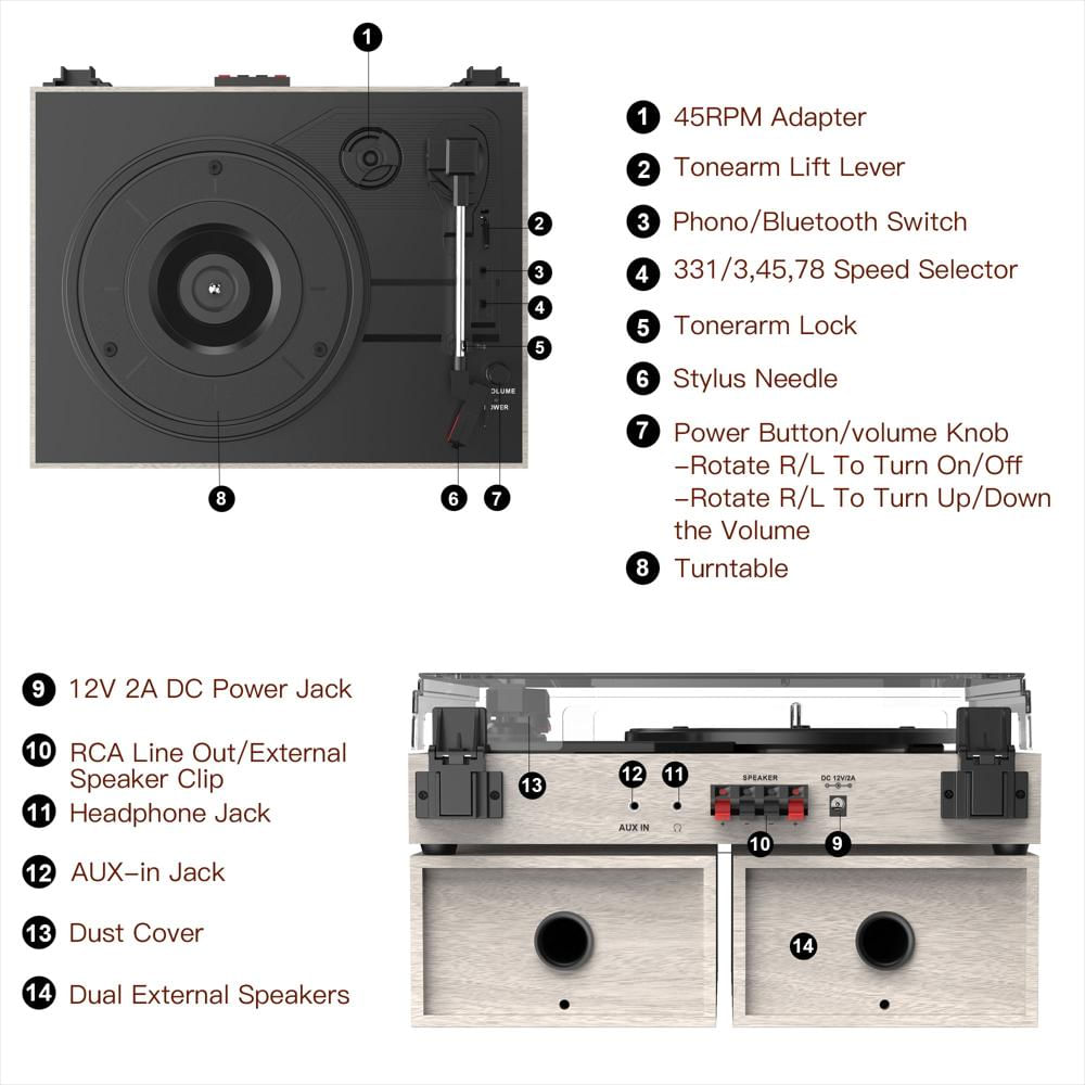 Tocadiscos Retroaudio Bluetooth 3 Velocidades Con Parlantes Externos Beige img #2