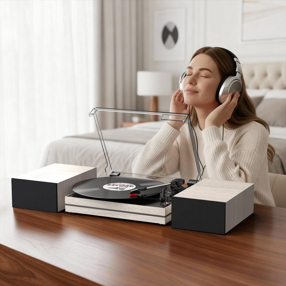 Tocadiscos Retroaudio Bluetooth 3 Velocidades Con Parlantes Externos Beige img #4