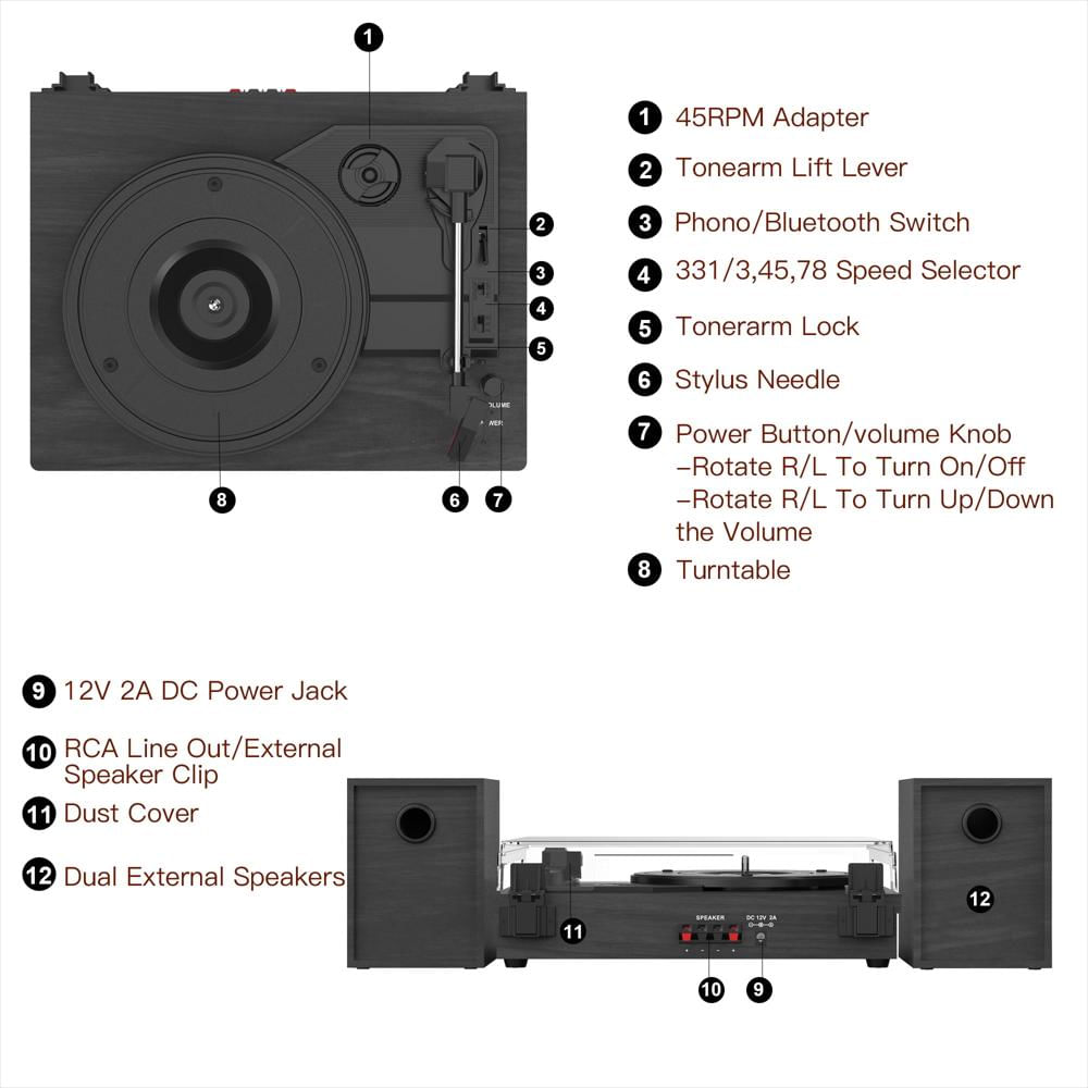 Tocadiscos Retroaudio Bluetooth 3 Velocidades Con Parlantes Externos Negro img #3