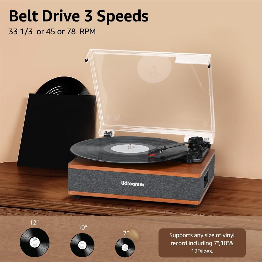 Tocadiscos Vintage Udreamer Bluetooth 3 Velocidades Con Parlantes Integrados img #3