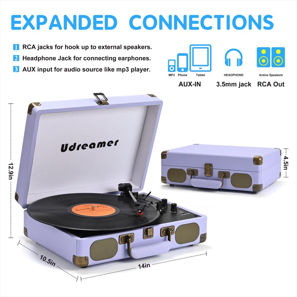 Tocadiscos Portátil Udreamer Tipo Maleta Bluetooth 3 Velocidades Morado img #2