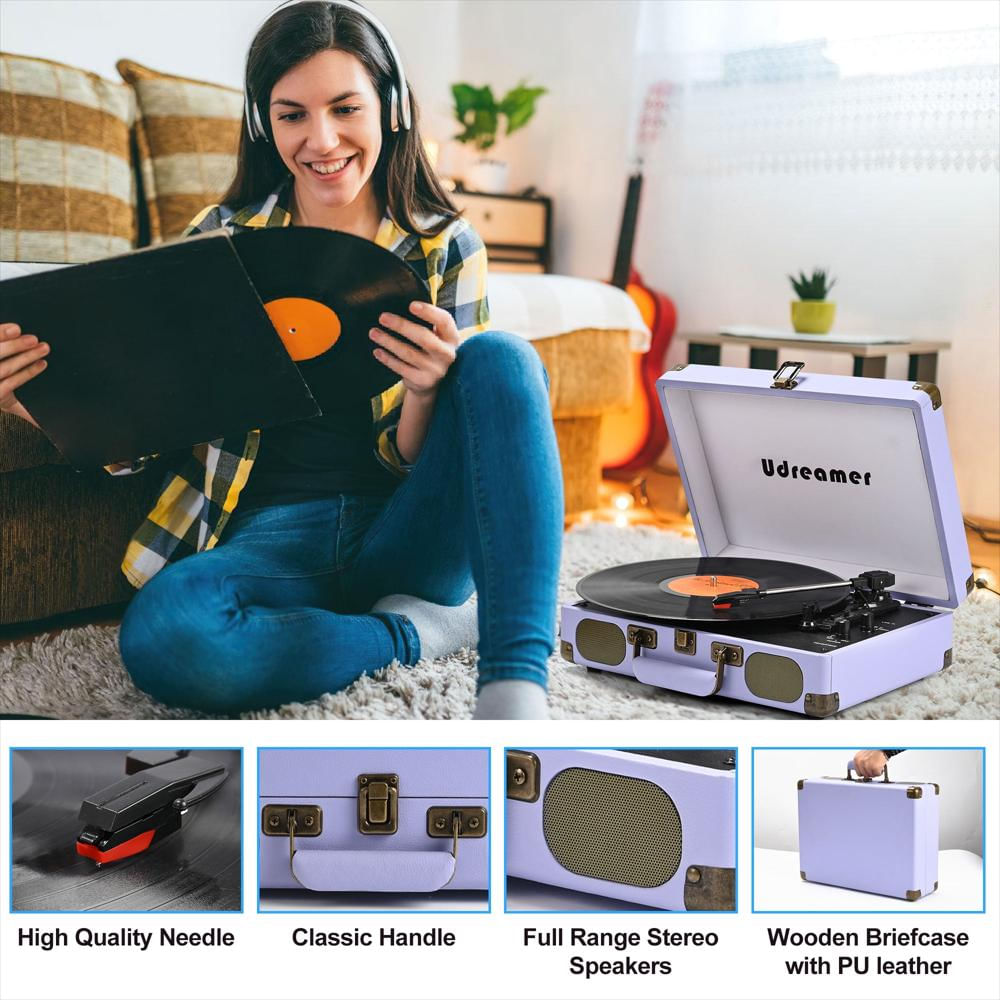 Tocadiscos Portátil Udreamer Tipo Maleta Bluetooth 3 Velocidades Morado img #3
