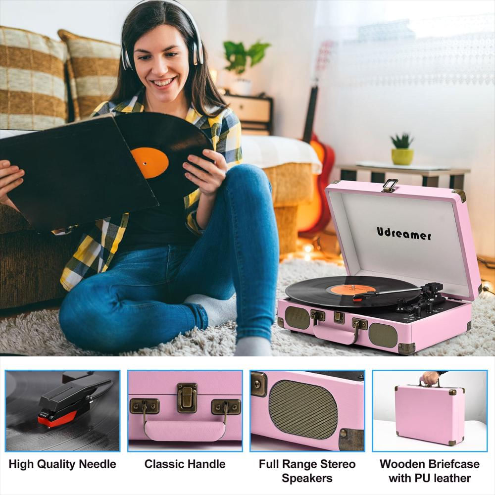 Tocadiscos Portátil Udreamer Tipo Maleta Bluetooth 3 Velocidades Rosado img #2