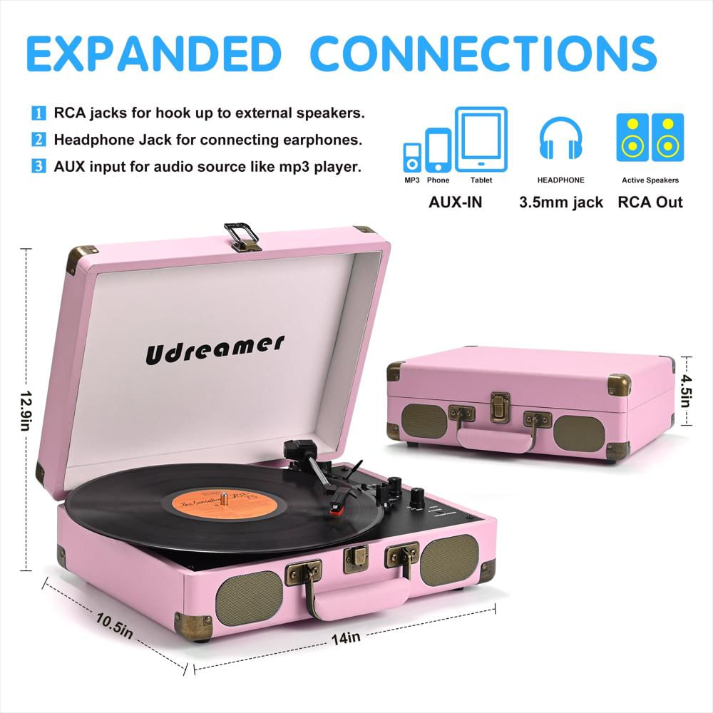 Tocadiscos Portátil Udreamer Tipo Maleta Bluetooth 3 Velocidades Rosado img #3