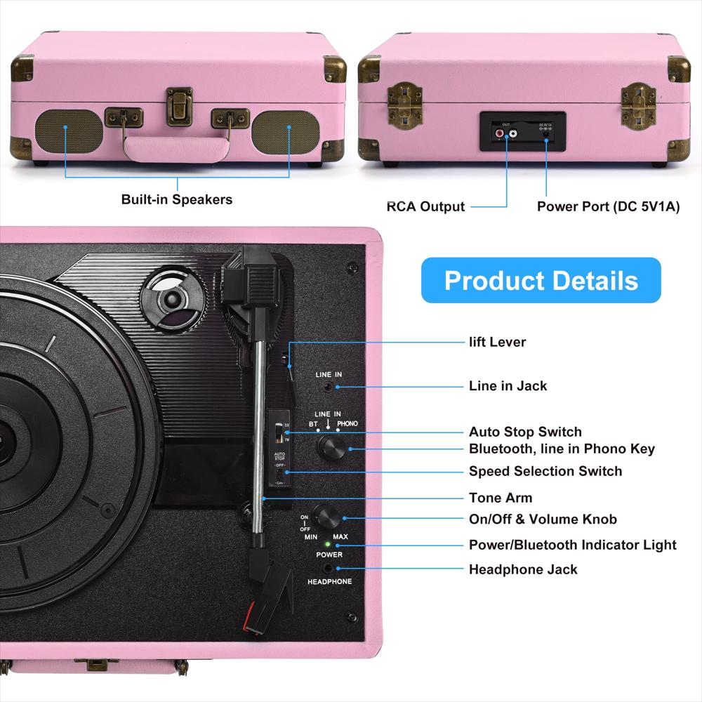 Tocadiscos Portátil Udreamer Tipo Maleta Bluetooth 3 Velocidades Rosado img #5