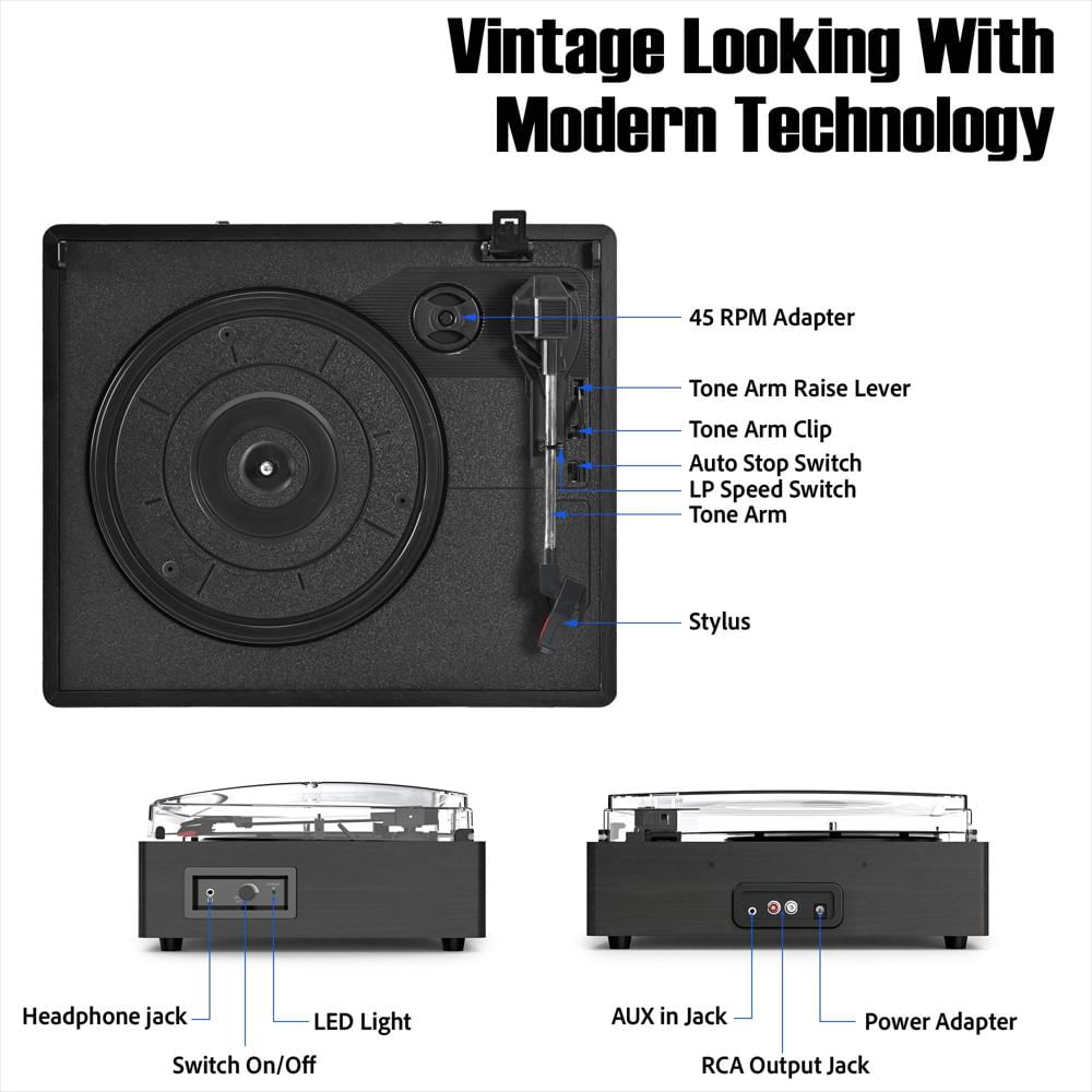 Tocadiscos Udreamer Bluetooth 3 Velocidades Con Parlantes Integrados Negro img #2