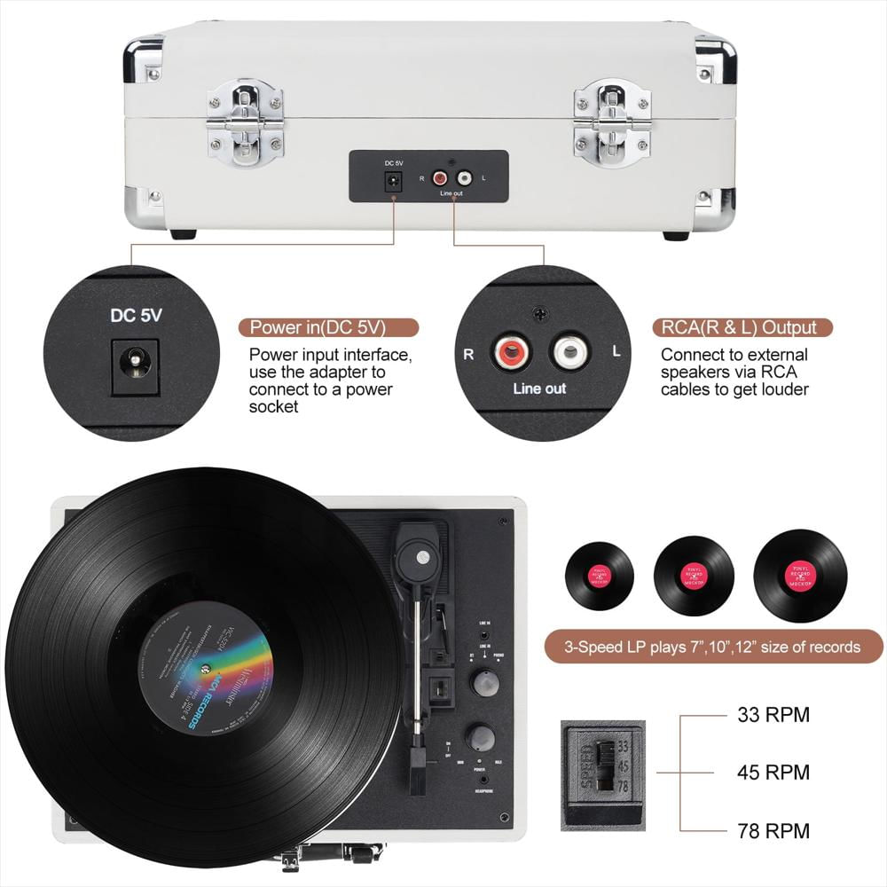 Tocadiscos Portátil Digitnow Tipo Maleta Bluetooth 3 Velocidades Blanco img #4