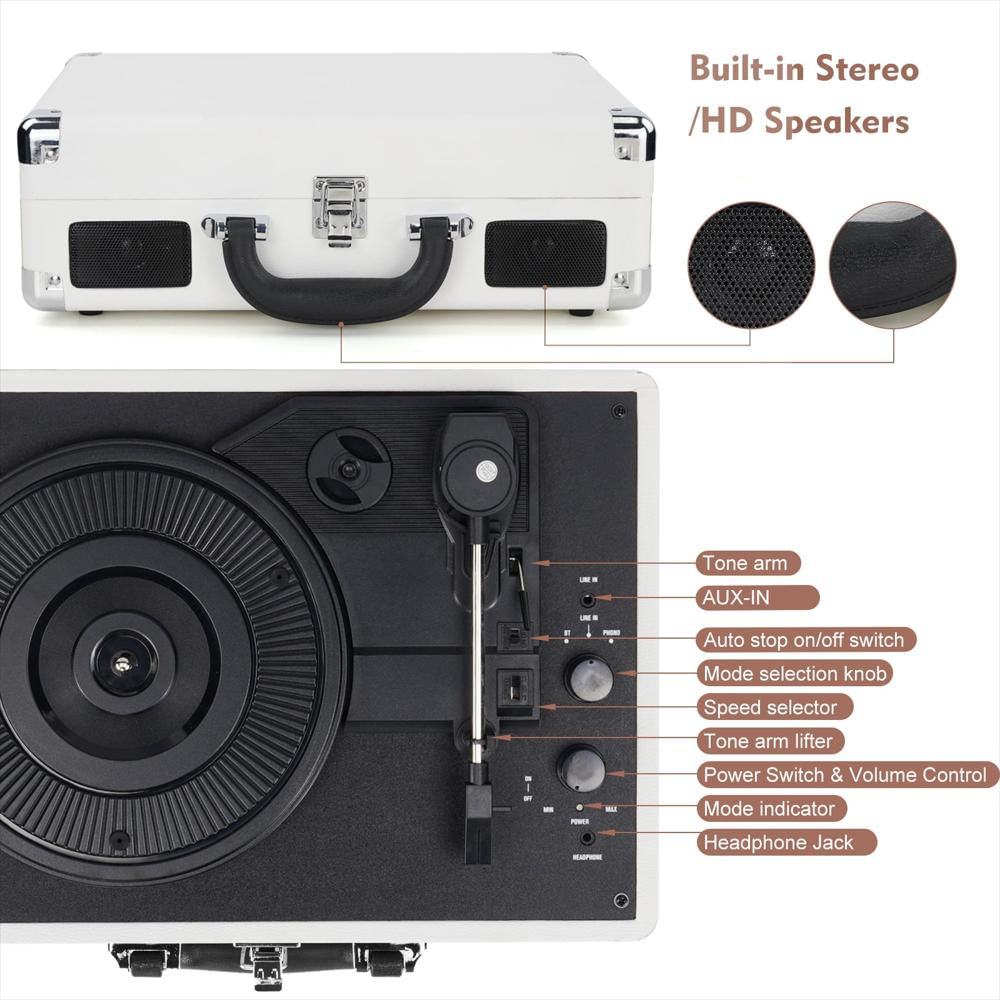 Tocadiscos Portátil Digitnow Tipo Maleta Bluetooth 3 Velocidades Blanco img #5