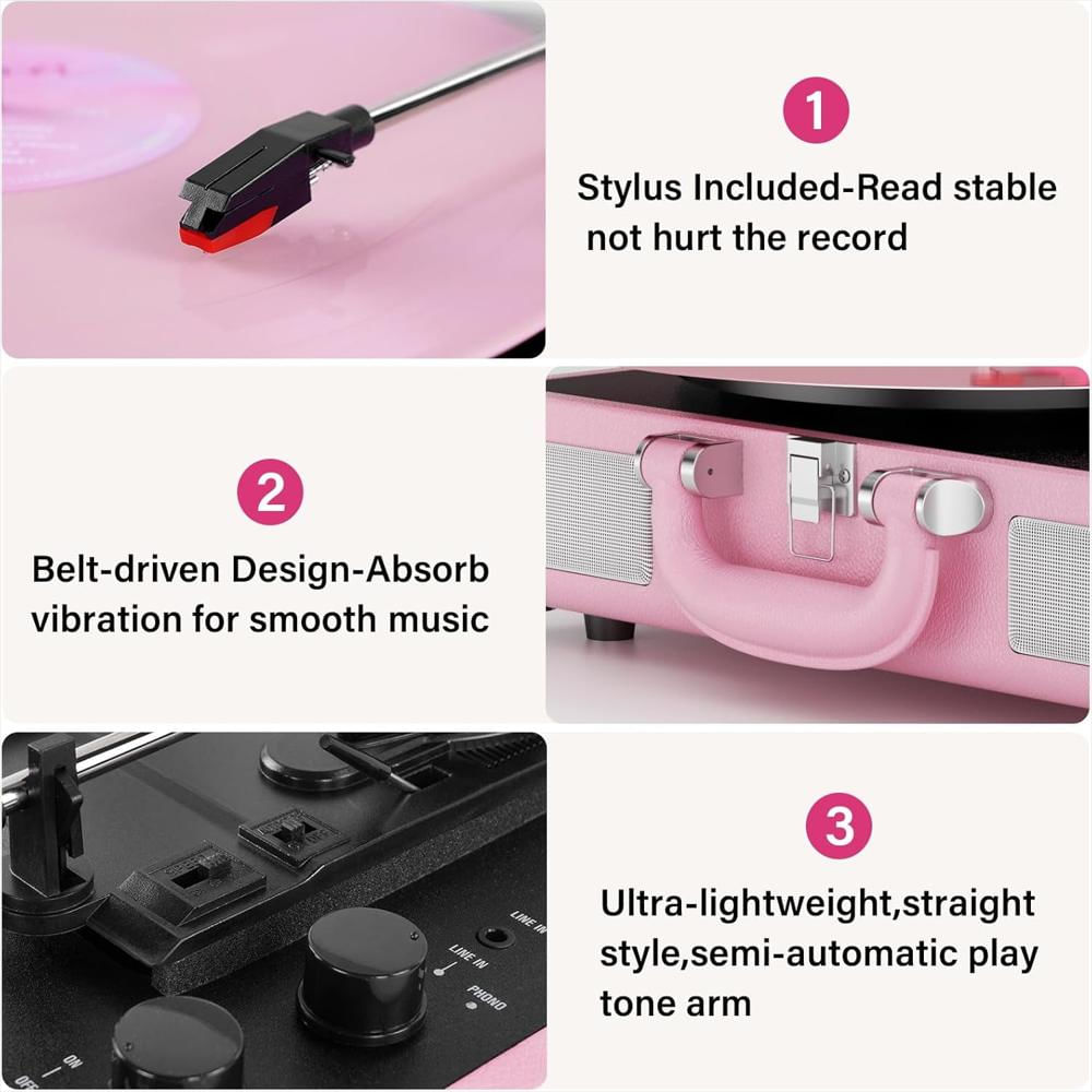 Tocadiscos Portátil Digitnow Tipo Maleta 3 Velocidades Rosado img #2
