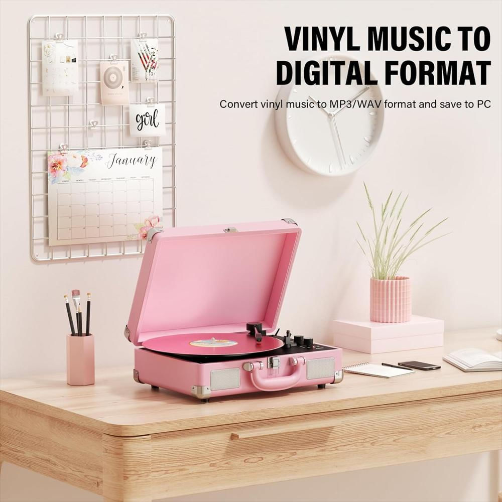 Tocadiscos Portátil Digitnow Tipo Maleta 3 Velocidades Rosado img #3