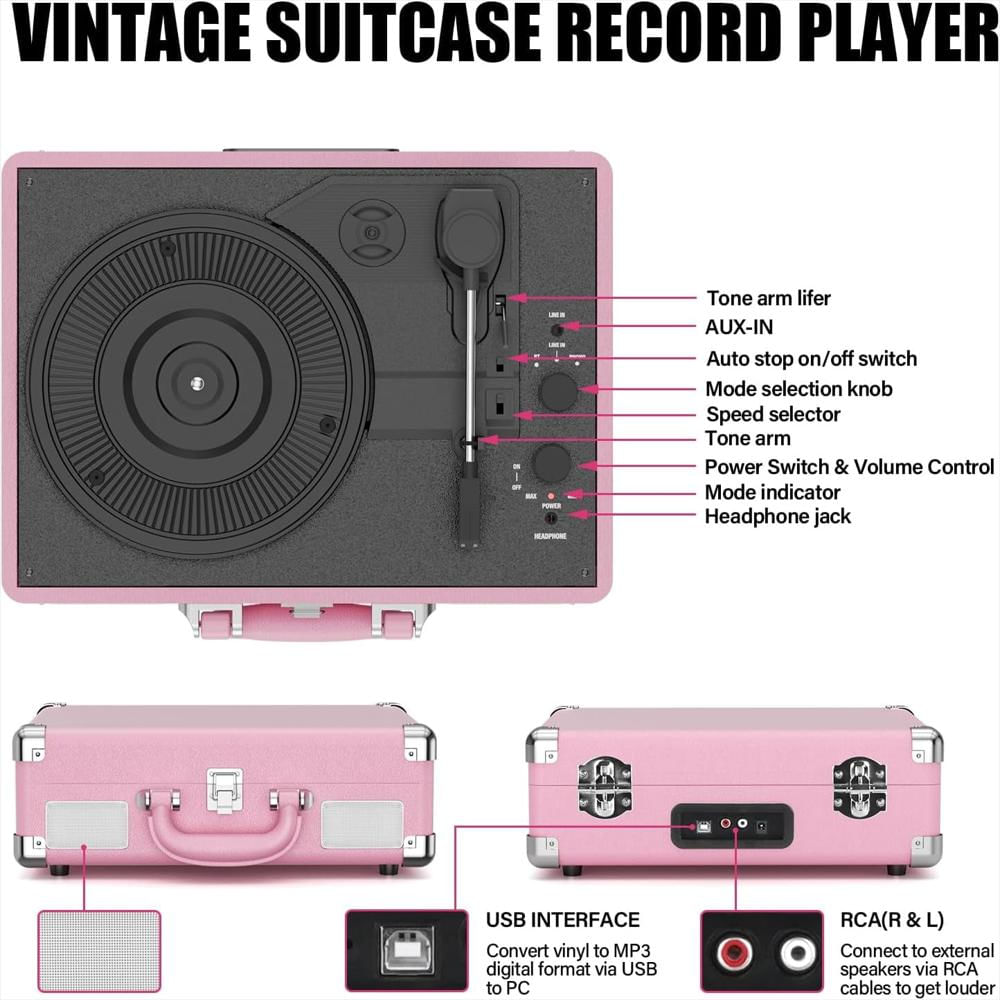 Tocadiscos Portátil Digitnow Tipo Maleta 3 Velocidades Rosado img #4