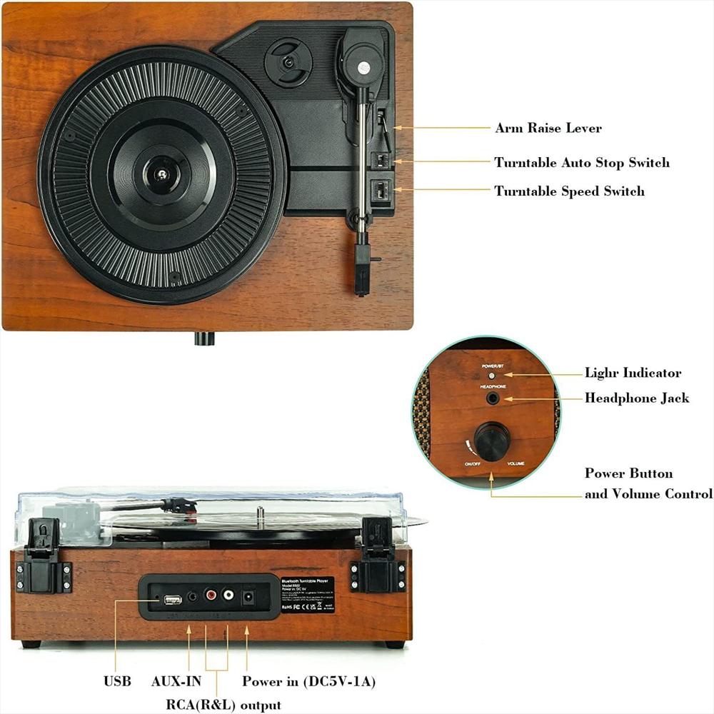 Tocadiscos Vintage Digitnow Bluetooth 3 Velocidades Con Parlantes img #3