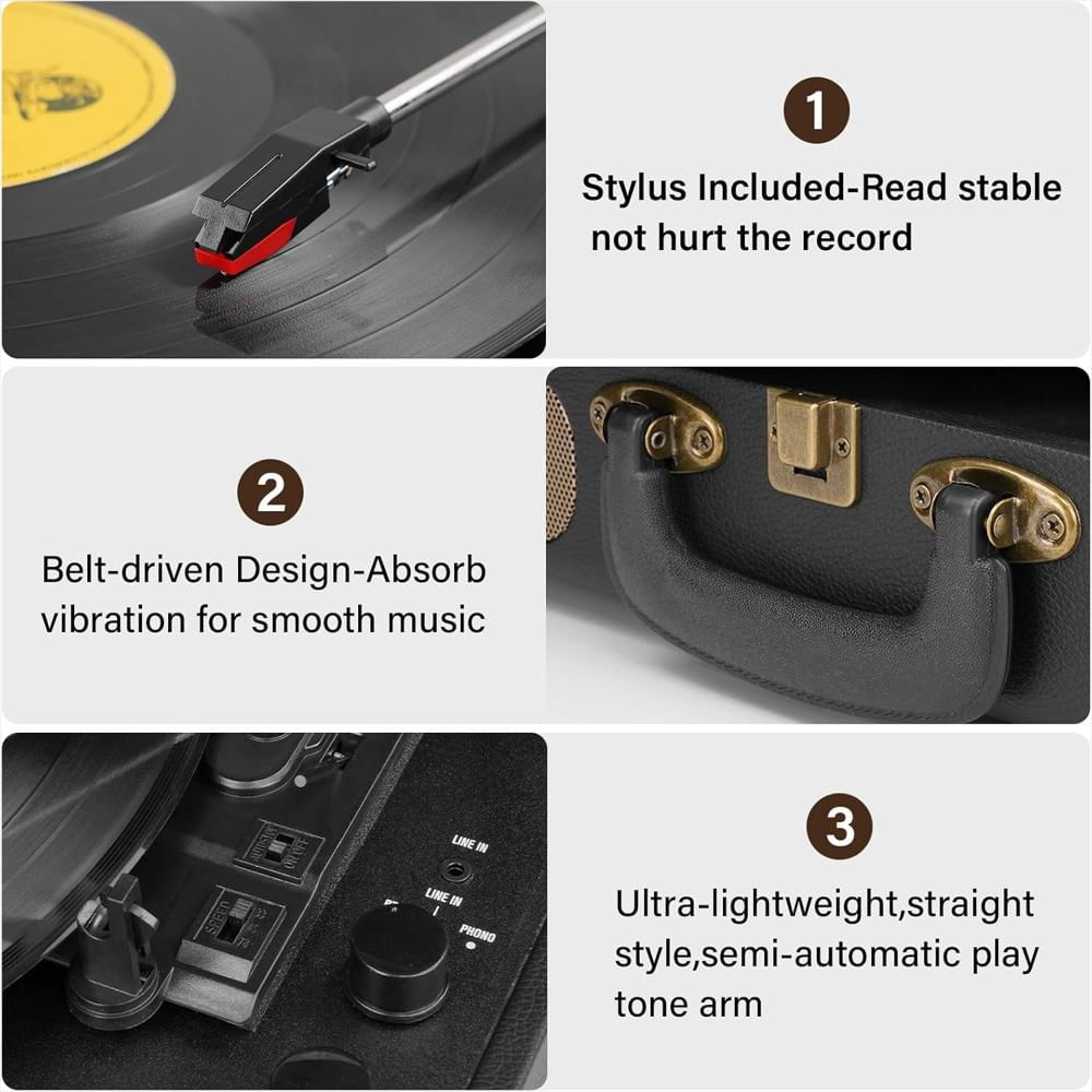 Tocadiscos Portátil Digitnow Tipo Maleta Bluetooth 3 Velocidades Negro img #3