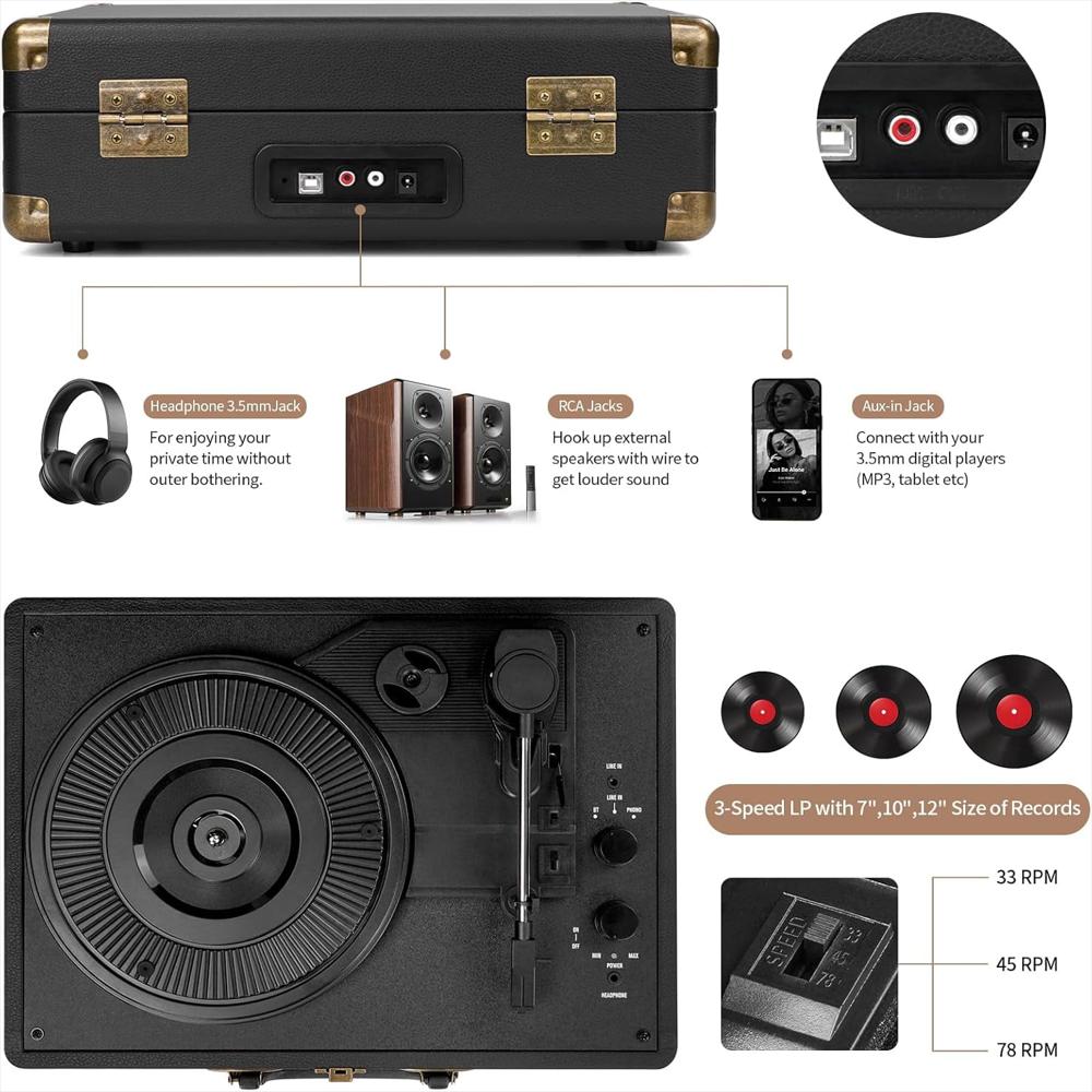 Tocadiscos Portátil Digitnow Tipo Maleta Bluetooth 3 Velocidades Negro img #5